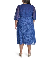 DKNY by Donna Karan Plus Size Long Sleeve V-Neck Tie Waist Printed Midi Dress