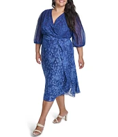 DKNY by Donna Karan Plus Size Long Sleeve V-Neck Tie Waist Printed Midi Dress