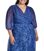 DKNY by Donna Karan Plus Size Long Sleeve V-Neck Tie Waist Printed Midi Dress