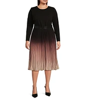 DKNY by Donna Karan Plus Size Ombre Knit Crew Neck Long Sleeve Pleated Belted Midi Dress