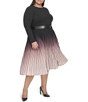 DKNY by Donna Karan Plus Size Ombre Knit Crew Neck Long Sleeve Pleated Belted Midi Dress