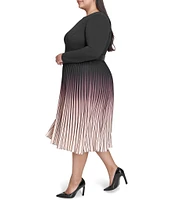 DKNY by Donna Karan Plus Size Ombre Knit Crew Neck Long Sleeve Pleated Belted Midi Dress