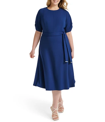 DKNY by Donna Karan Plus Size Ruched Sleeves Crew Neck Tie Waist Midi Dress