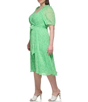 DKNY by Donna Karan Plus Size Short Puffed Sleeve Surplice V-Neck Tie Waist Midi Dress