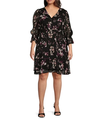 DKNY by Donna Karan Plus Size Size 3/4 Ruffle Sleeve V-Neck Ruffle Hem Floral Dress