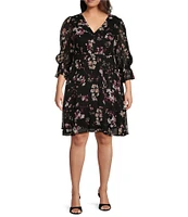 DKNY by Donna Karan Plus Size Size 3/4 Ruffle Sleeve V-Neck Ruffle Hem Floral Dress