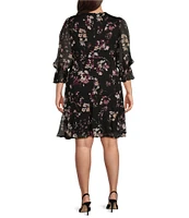 DKNY by Donna Karan Plus Size Size 3/4 Ruffle Sleeve V-Neck Ruffle Hem Floral Dress