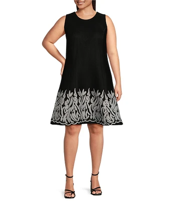 DKNY by Donna Karan Plus Size Sleeveless Crew Neck Embroidered Mesh Fit and Flare Dress