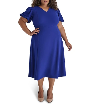 DKNY by Donna Karan Plus Size V Neck Bubble Sleeve Fit and Flare Midi Dress