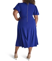 DKNY by Donna Karan Plus Size V Neck Bubble Sleeve Fit and Flare Midi Dress