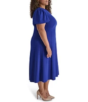 DKNY by Donna Karan Plus Size V Neck Bubble Sleeve Fit and Flare Midi Dress