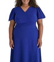 DKNY by Donna Karan Plus Size V Neck Bubble Sleeve Fit and Flare Midi Dress