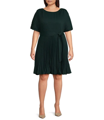 DKNY by Donna Karan Plus Size Woven Pleated Crew Neck Short Sleeves Belted Fit & Flare Dress