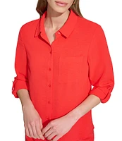 DKNY by Donna Karan Point Collar Roll Tab 3/4 Sleeve Button Down Shirt