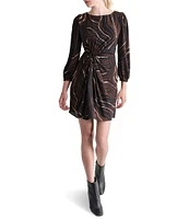 DKNY by Donna Karan Printed Boat Neck Long Balloon Sleeve Twist Front Mini Dress