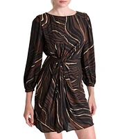 DKNY by Donna Karan Printed Boat Neck Long Balloon Sleeve Twist Front Mini Dress