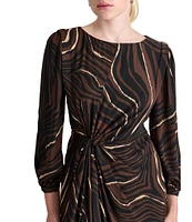 DKNY by Donna Karan Printed Boat Neck Long Balloon Sleeve Twist Front Mini Dress