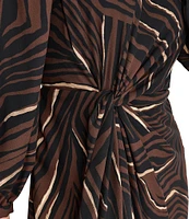 DKNY by Donna Karan Printed Boat Neck Long Balloon Sleeve Twist Front Mini Dress