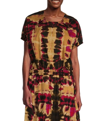 DKNY by Donna Karan Printed Cotton Voile Studded Mesh Crew Neckline Coordinating Short Sleeve Top