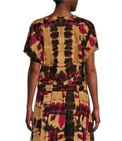 DKNY by Donna Karan Printed Cotton Voile Studded Mesh Crew Neckline Coordinating Short Sleeve Top