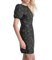 DKNY by Donna Karan Printed Crew Neck Short Puff Sleeve Fit-and-Flare Mini Dress