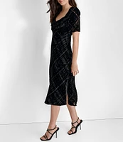 DKNY by Donna Karan Printed Knit Sweetheart Neck Short Sleeve Shirred Midi Dress