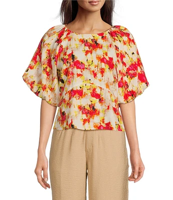 DKNY by Donna Karan Printed Linen Blend Crew Neck Short Puff Sleeve Top