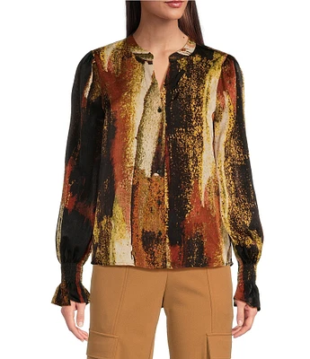 DKNY by Donna Karan Printed Long Sleeve Split Neck Blouse