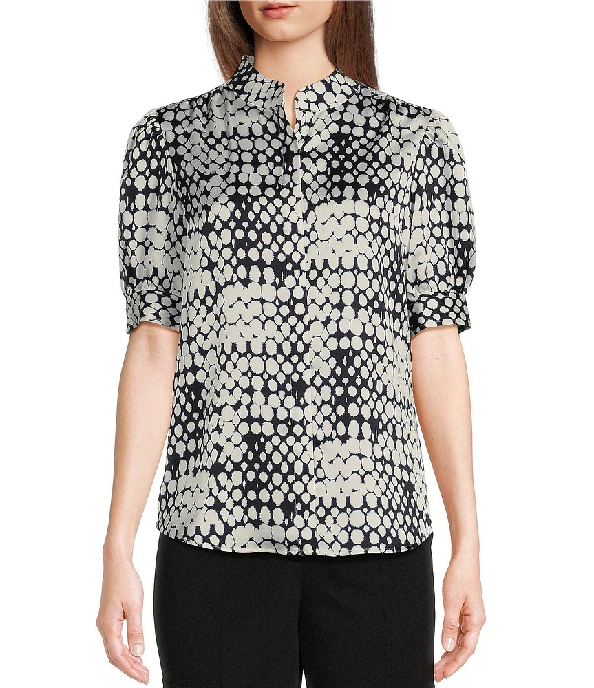 DKNY by Donna Karan Printed Mandarin Collar 3/4 Puff Sleeve Blouse