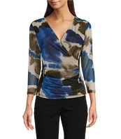 DKNY by Donna Karan Printed Mesh 3/4 Sleeve Faux Wrap Top