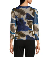 DKNY by Donna Karan Printed Mesh 3/4 Sleeve Faux Wrap Top