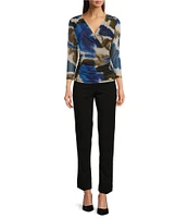 DKNY by Donna Karan Printed Mesh 3/4 Sleeve Faux Wrap Top