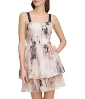 DKNY by Donna Karan Printed Organza Square Neck Sleeveless Mini A-Line Dress