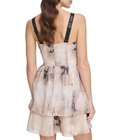 DKNY by Donna Karan Printed Organza Square Neck Sleeveless Mini A-Line Dress