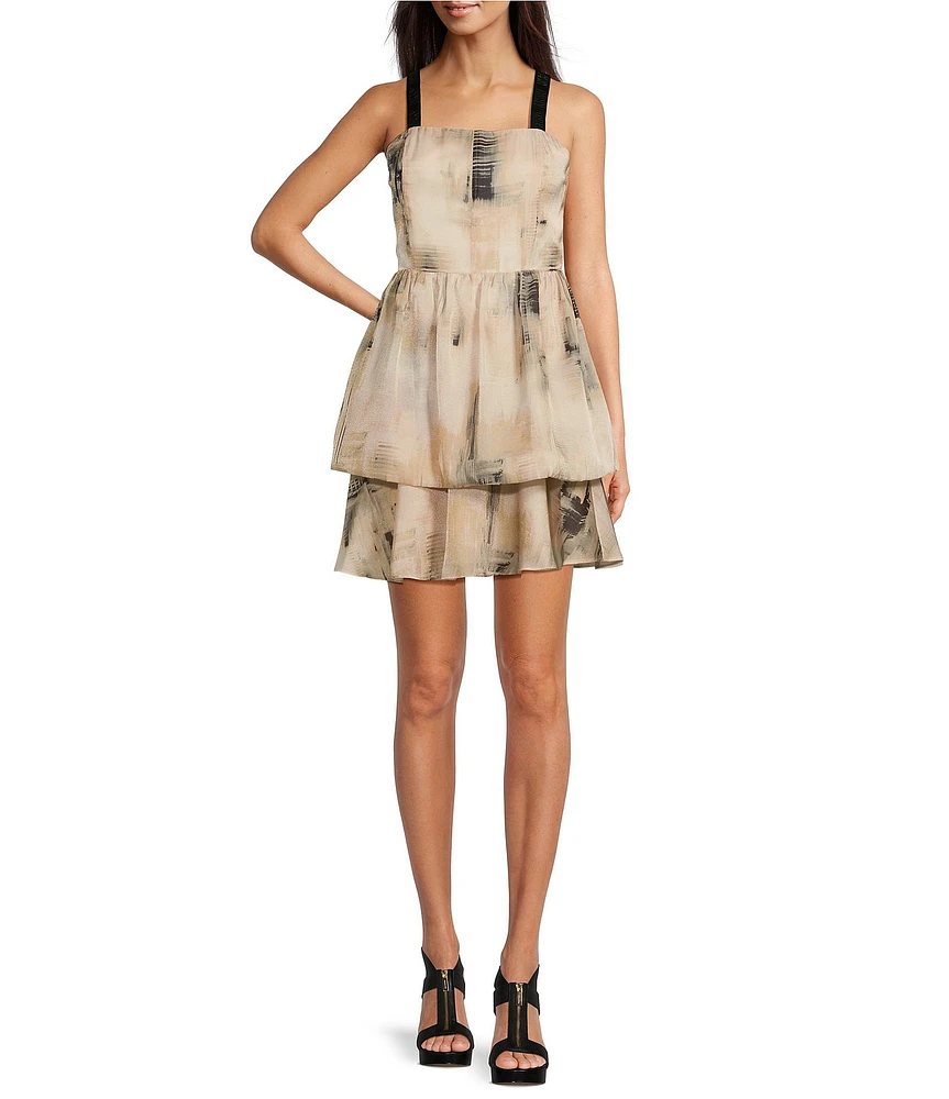 DKNY by Donna Karan Printed Organza Square Neck Sleeveless Mini A-Line Dress