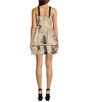 DKNY by Donna Karan Printed Organza Square Neck Sleeveless Mini A-Line Dress