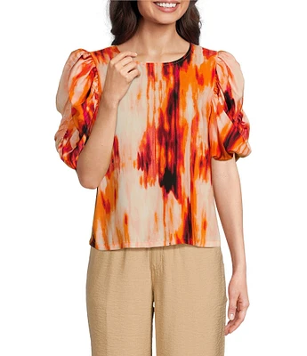 DKNY by Donna Karan Printed Satin Crew Neck Short Sleeve Blouse