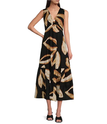 DKNY by Donna Karan Printed V Neckline Sleeveless Knot Front Maxi Dress