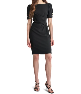 DKNY by Donna Karan Round Neck Ruched Crepe Short Sleeve Button Detail Sheath Dress