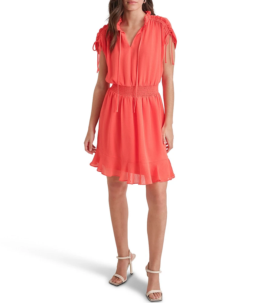 DKNY by Donna Karan Round Tie Neck Short Sleeve Smocked Waist Mini Dress