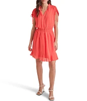 DKNY by Donna Karan Round Tie Neck Short Sleeve Smocked Waist Mini Dress