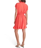 DKNY by Donna Karan Round Tie Neck Short Sleeve Smocked Waist Mini Dress
