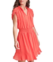 DKNY by Donna Karan Round Tie Neck Short Sleeve Smocked Waist Mini Dress