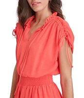 DKNY by Donna Karan Round Tie Neck Short Sleeve Smocked Waist Mini Dress