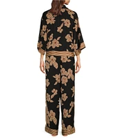 DKNY by Donna Karan Satin 3/4 Sleeve Notch Collar Button-Front Allover Print Coordinating Pajama Set