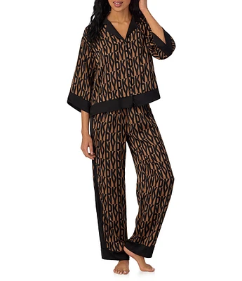 DKNY by Donna Karan Satin 3/4 Sleeve Notch Collar Button-Front Logo Print Coordinating Pajama Set