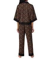 DKNY by Donna Karan Satin 3/4 Sleeve Notch Collar Button-Front Logo Print Coordinating Pajama Set