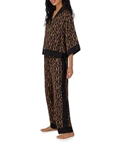 DKNY by Donna Karan Satin 3/4 Sleeve Notch Collar Button-Front Logo Print Coordinating Pajama Set