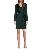 DKNY by Donna Karan Satin Surplice V-Neck Long Sleeve Side Knot Faux Wrap Mini Dress