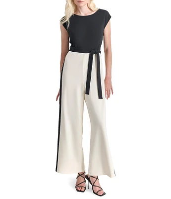 DKNY by Donna Karan Scuba Crepe Color Block Boat Neck Sleeveless Wide Leg Tie Waist Jumpsuit